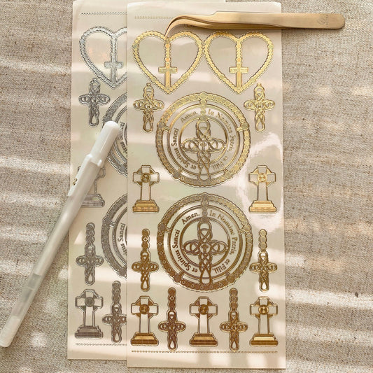 Gothic Cross Transparent Gold Silver Outlines